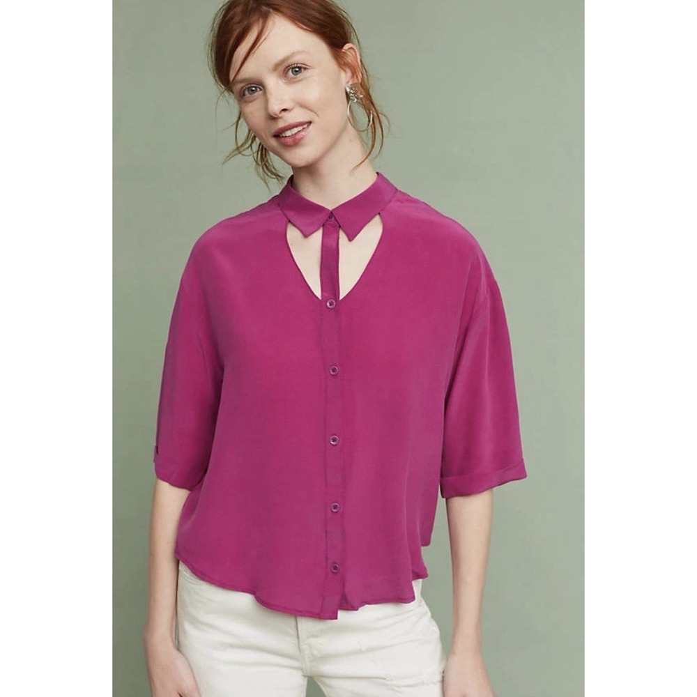 Maeve Anthropologie Silk Blouse Women's Large Magenta Cut Out Long Sleeve Career - Picture 10 of 11